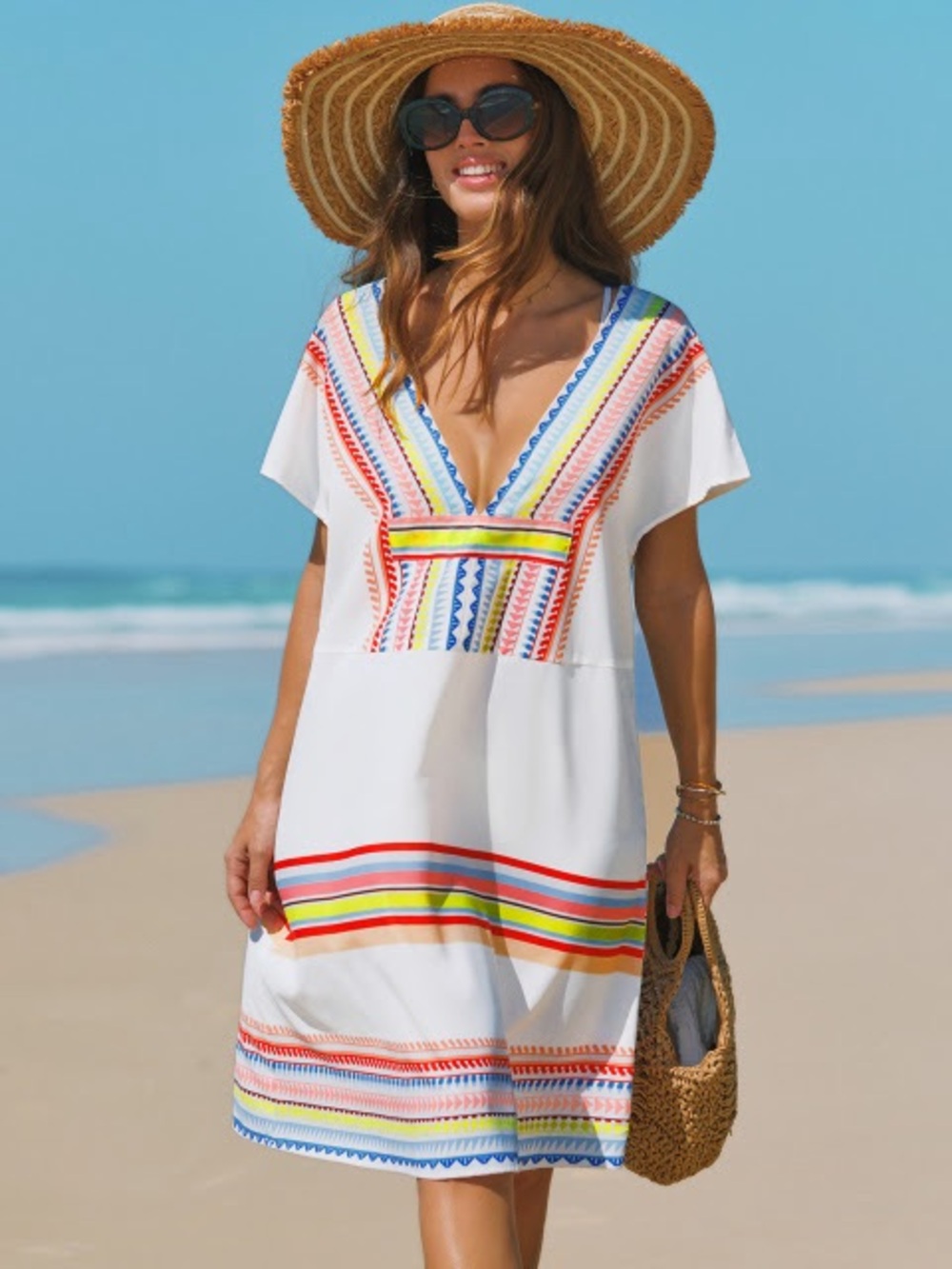 NWT Popvil White V-Neck Printed Swim Coverup with Multicolor Stripe Trim
